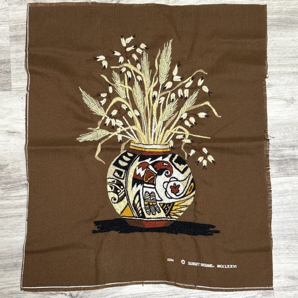 Crewel Embroidered Indian Aztec Vase Basket Sunset Stitchery Finished Wall Art